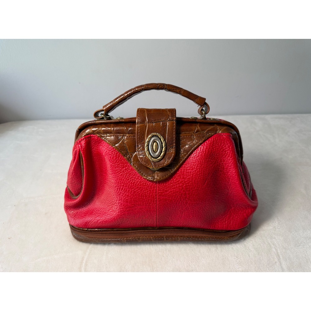 Vintage Nike/Jackson Red Pebbled Leather Doctor Bag Brown Croc Trim Base Handbag